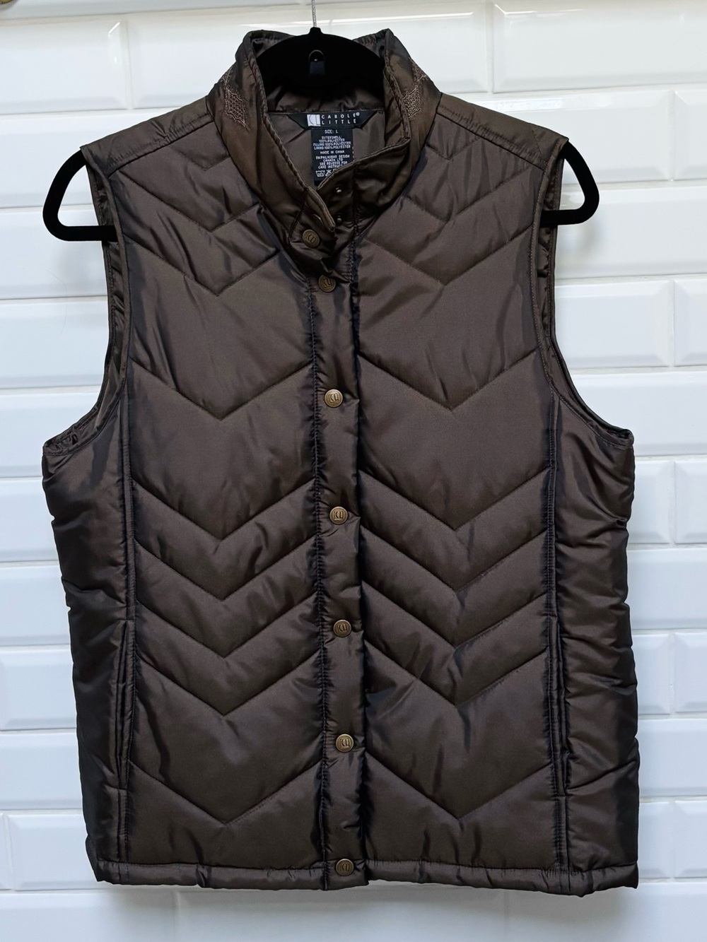Carole Little Women's Large Brown Snap Front Quilted Puffer Vest